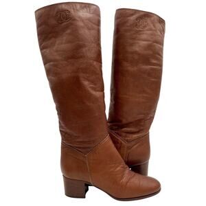 Chanel Vintage Brown High Boots 37.5 C flannel lined stack heel